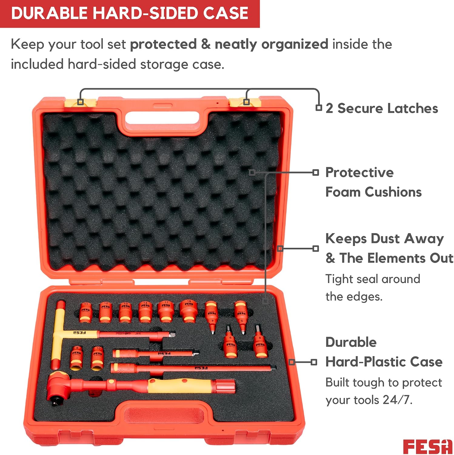 FESA Insulated Torque Socket Set - 16-Piece 1000V Insulated Tool Set w/ 3/8' Drive Insulated Torque Wrench (10-50 Nm), 8 Metric Sockets, 4 Hex Bit Sockets, 2 Extension Bars, T-Handle & Protective Case