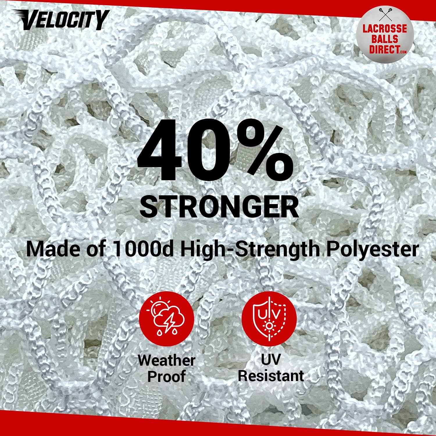 Velocity Heavy Duty Black & White Lacrosse Net - Fits 6'x6'x7' Goals - Weatherproof, UV Resistant 1000D High-Strength Polyester - Comes with 100+ Feet of Lacing Cord and 4 Quick Ties