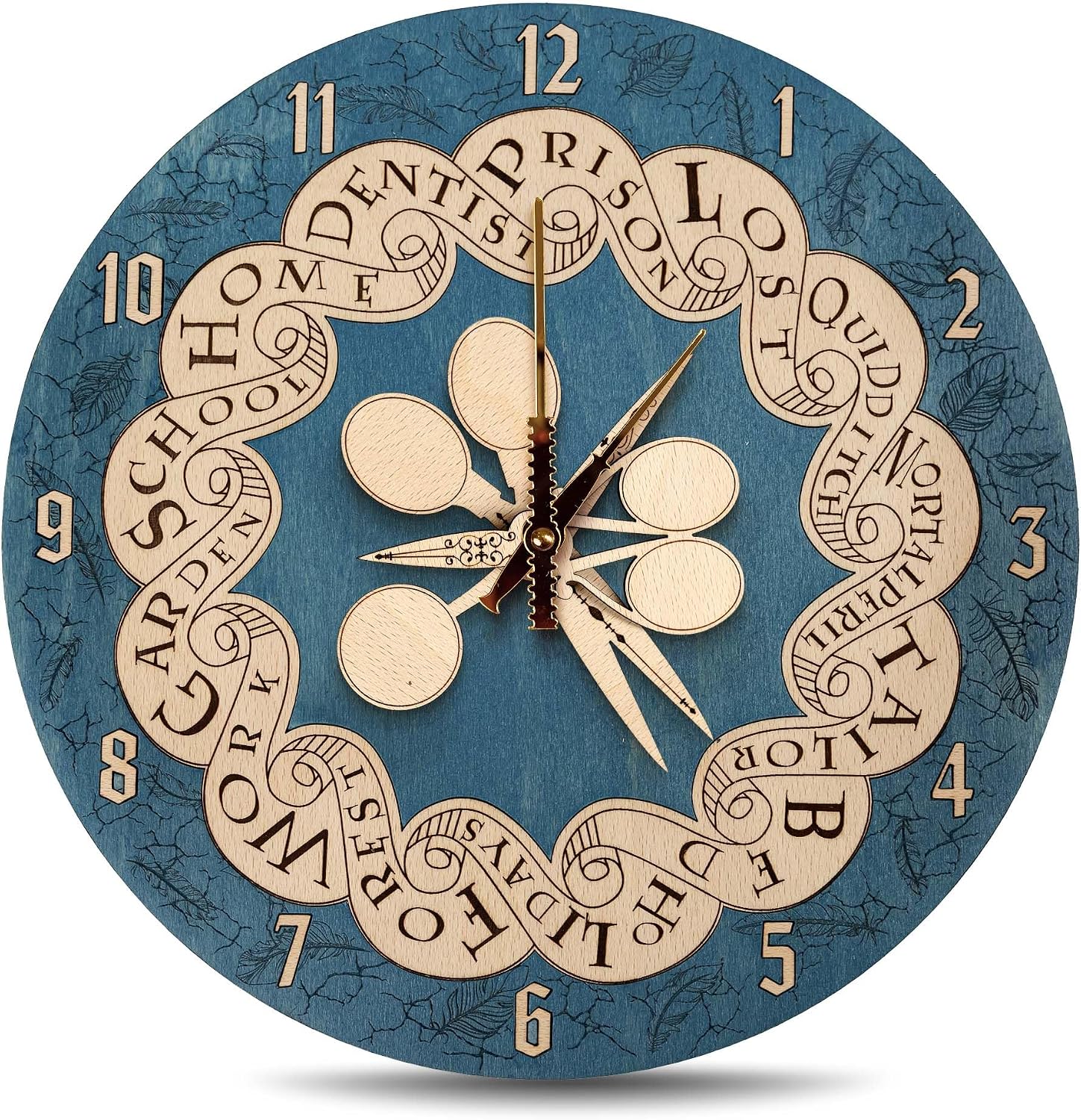 ZE WOOD Weasley Family Round Clock - Harry Potter 3D Wall Clock - Unique Blue Wooden Clock, Silent Large Modern Rustic Decorative Home Decor for Harry Potter Fans (5 spoons, M)