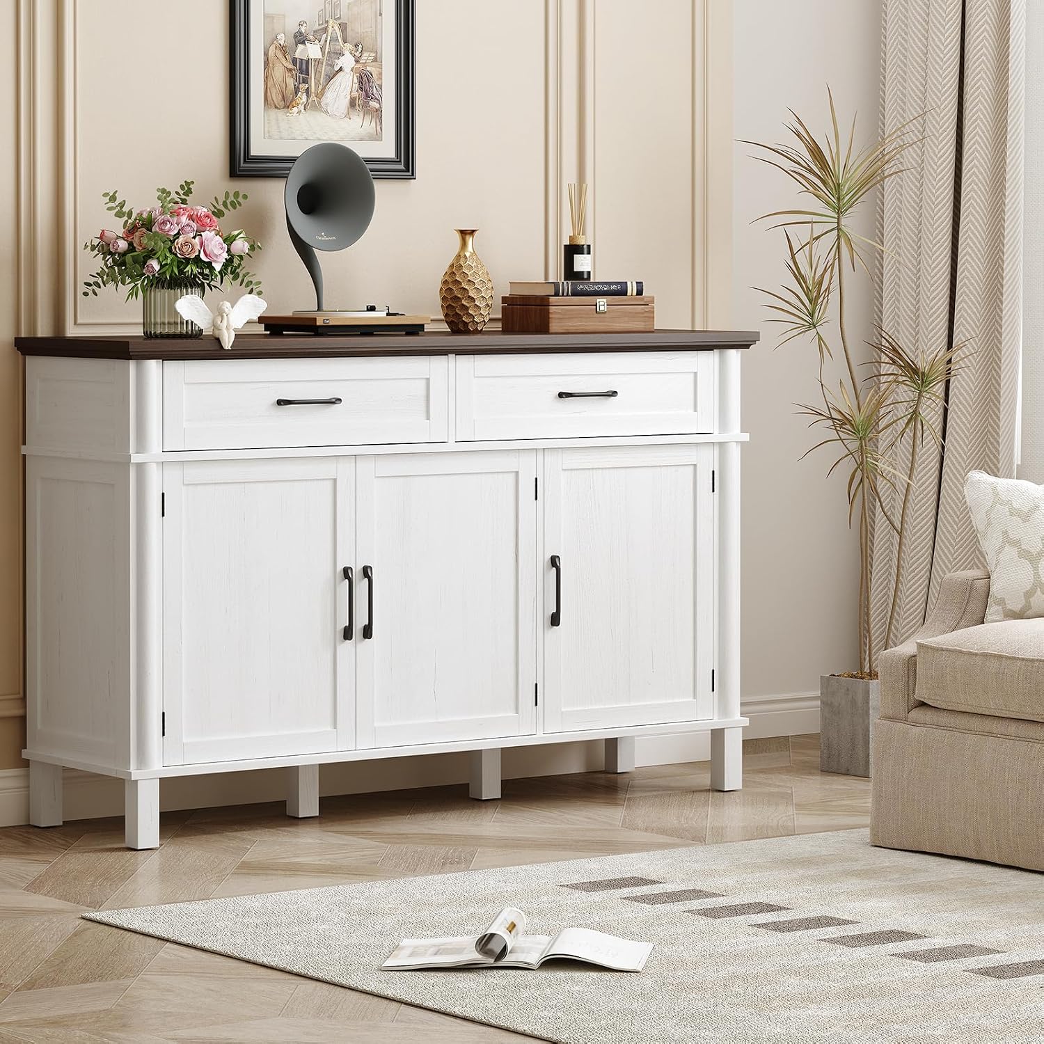 ONBRILL 55 Inch Buffet Cabinet with Storage, Farmhouse Sideboard Buffet w/2 Drawers and 3 Doors, Wood Coffee Bar Cabinet with Adjustable Shelves, Sideboard Storage for Kitchen, Living Room, Off White