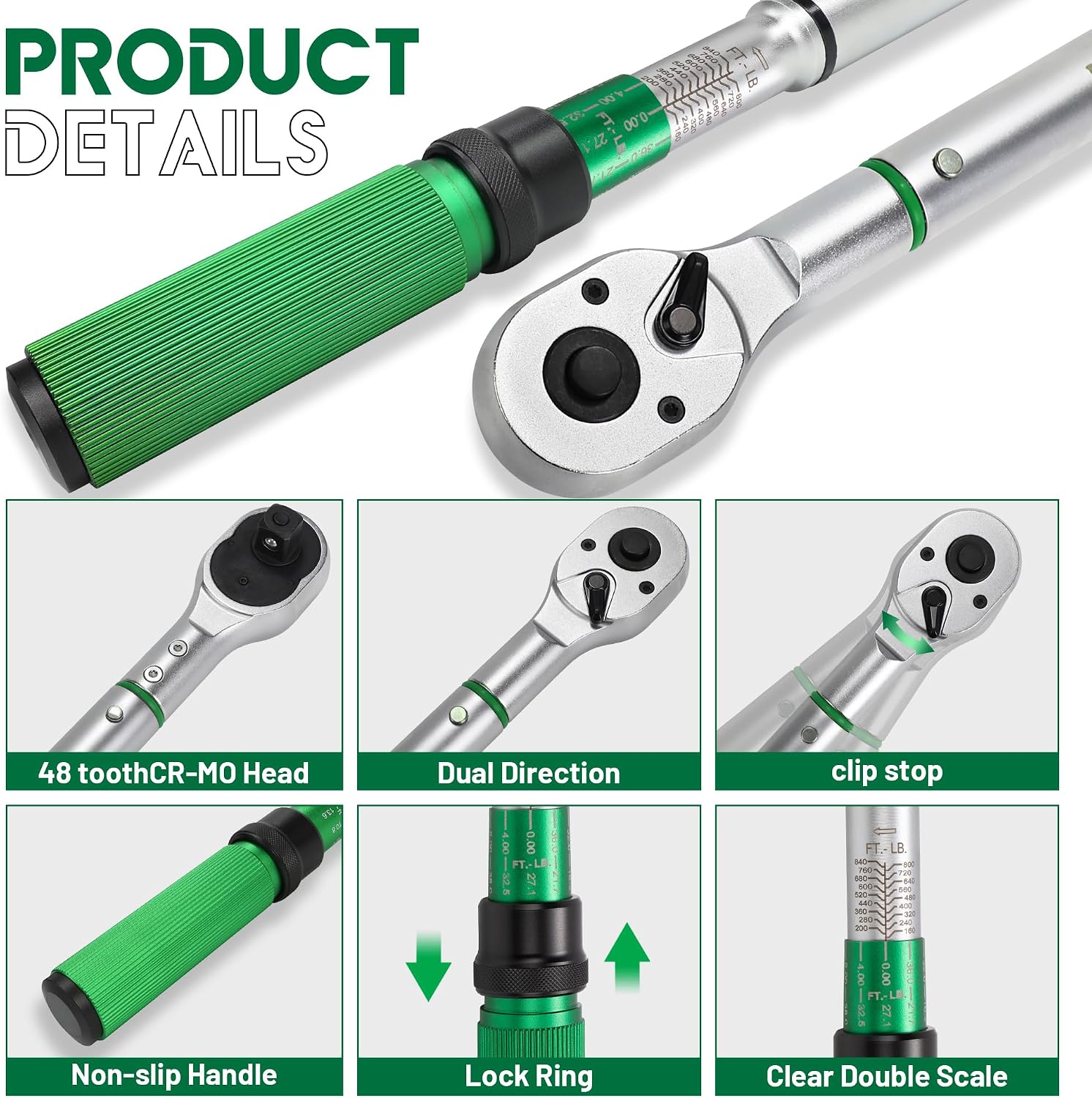 3/4-Inch Drive Click Torque Wrench, Dual-Direction Click Professional Torque Wrench 160-840FT.LB/135-815N.M, Dual Range Scales Graduated in FT.LB and N.M