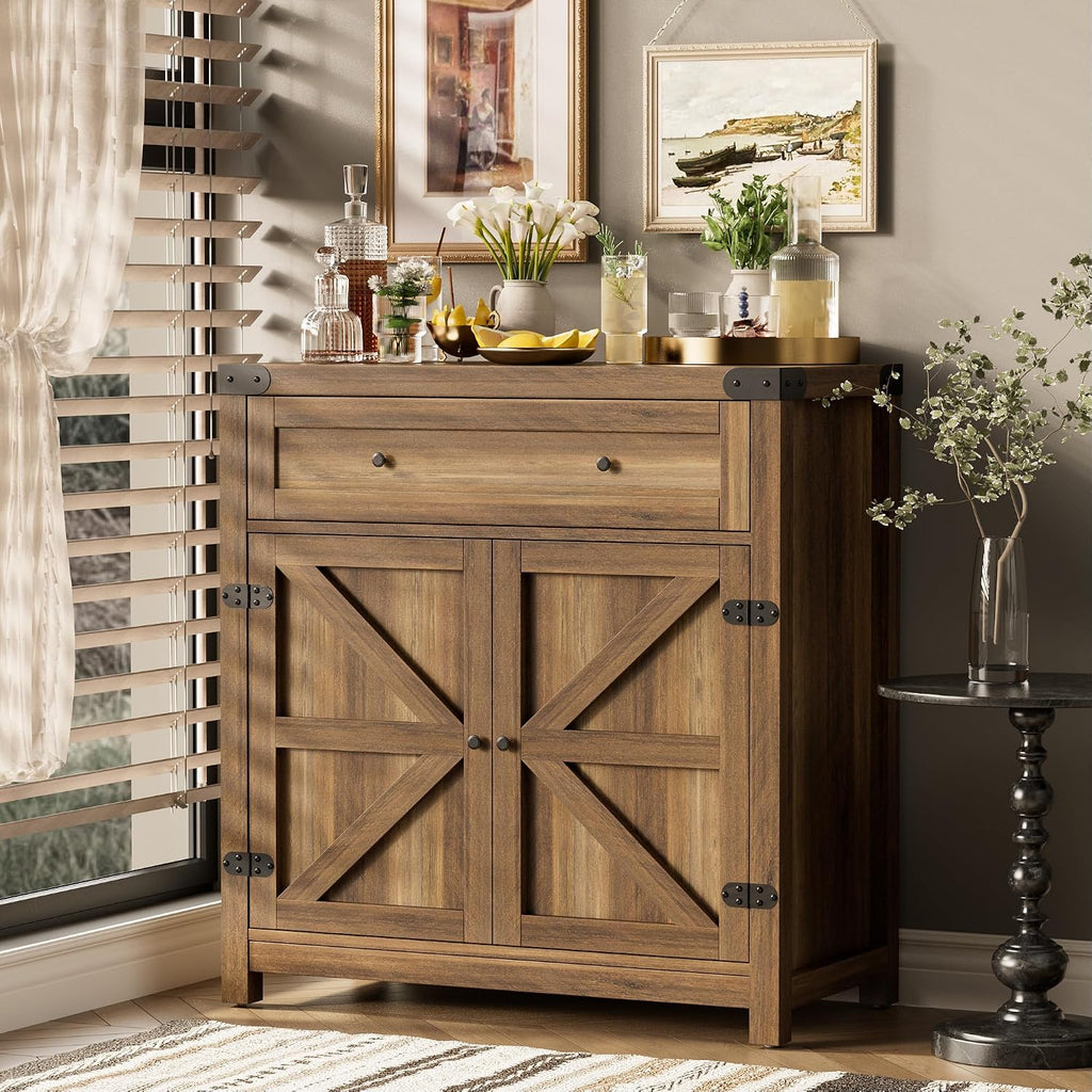 JUMMICO Coffee Bar Cabinet Farmhouse Kitchen Sideboard Buffet Cabinet with Drawer and Adjustable Shelf Barn Door Storage for Kitchen, Dining Room, Bathroom, Entryway (Brown)