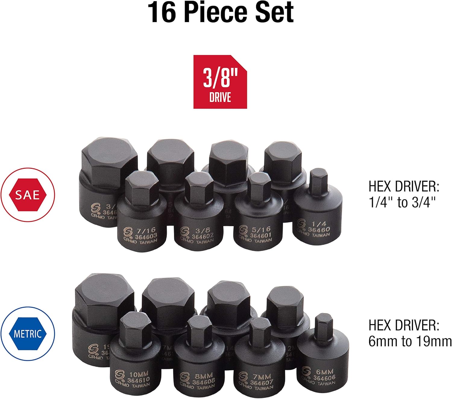Sunex 2637L, ½' Drive, 6' Long Master Impact Hex Driver Set & Sunex 3646, 3/8 Inch Drive Low Profile Impact Hex Driver Set, 16-Piece, SAE/Metric, 1/4 Inch - 3/4 Inch, 6mm - 19mm