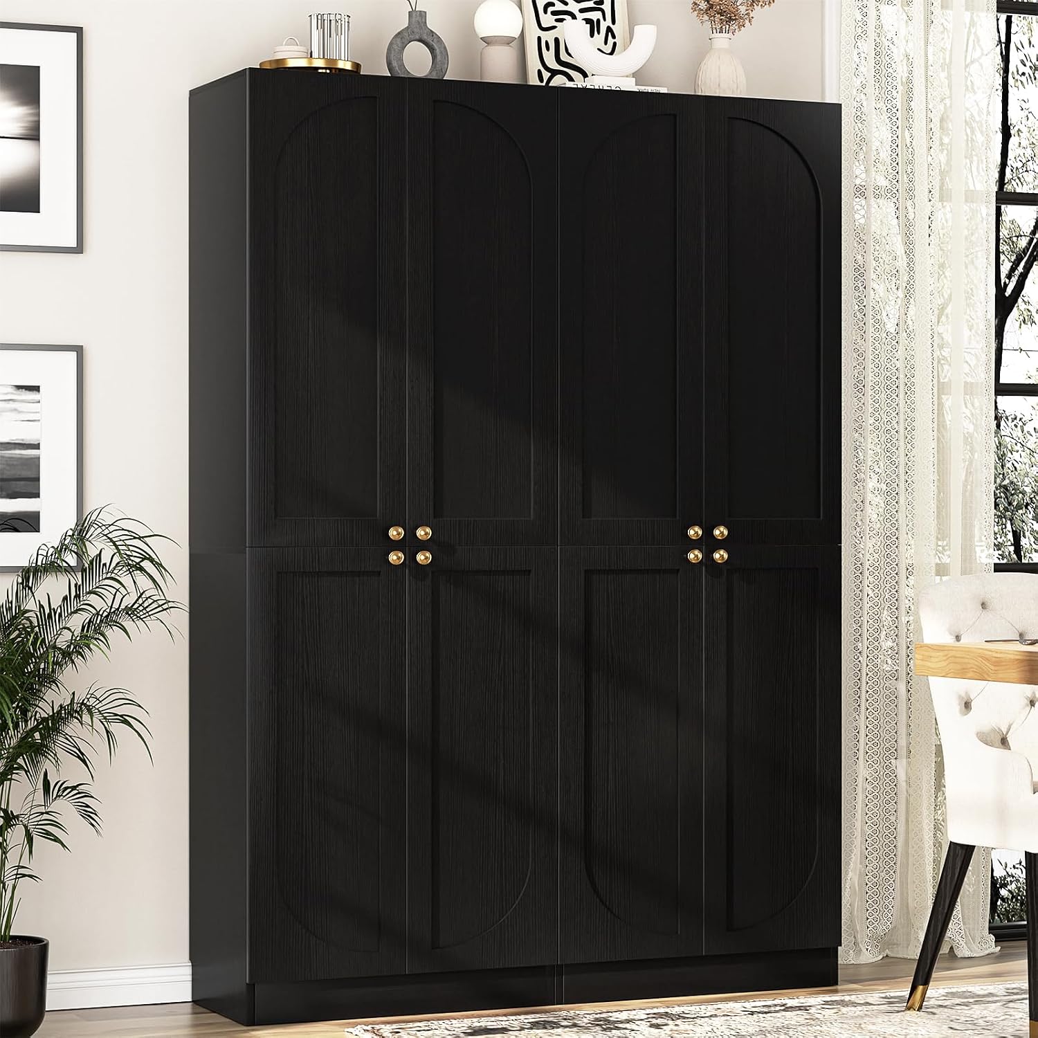 Cyclysio 80' Kitchen Pantry, Extra Tall Arch Storage Cabinet with 8 Soft Close Doors and Adjustable Shelves, Freestanding Wood Cupboard with Seamless Fit Wall for Dining Living Room Bathroom Furniture