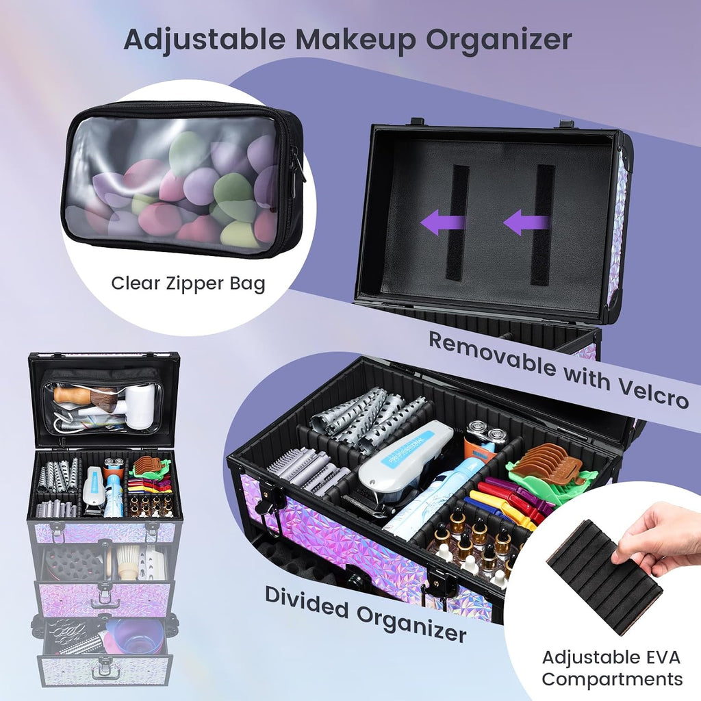 Professional Rolling Makeup Train Case with Drawers, Large Cosmetic Trolley with Locks, Cosmetics Storage Organizer Make up Case for Travel Makeup/Nail Art/Hair Styling, Shiny Pink