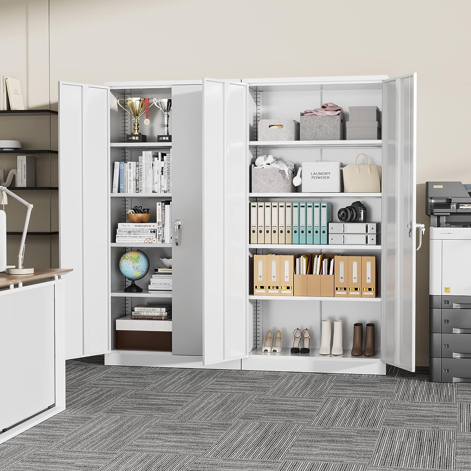 Greenvelly Metal Garage Storage Cabinet with 2 Doors & Adjustable Shelves, 72' Lockable Steel Tool Cabinet - White - (36' W x 18' D)