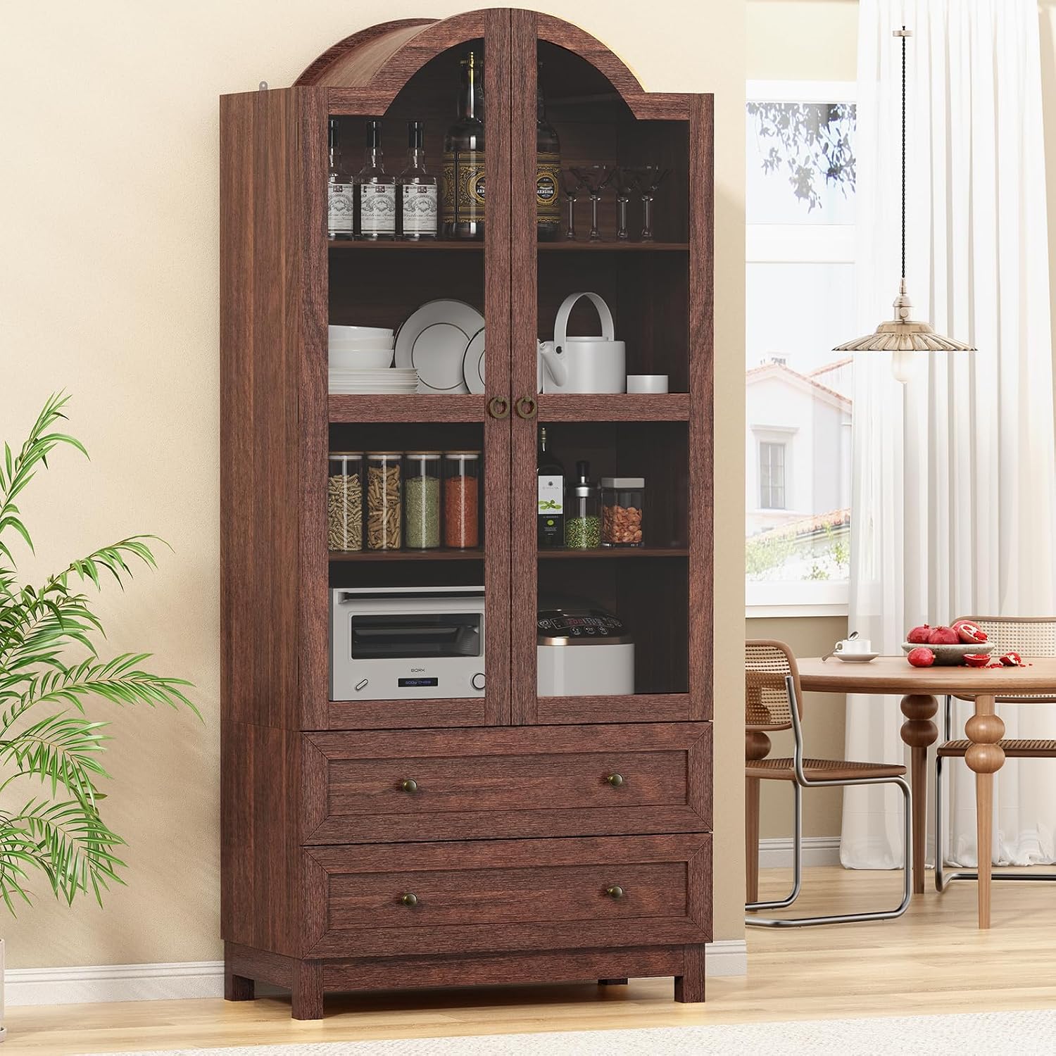 EasyCom 71 Tall Arched Pantry Cabinet, Farmhouse Wood Kitchen Cabinet with 2 Large Drawers, 4-Tier Storage Cabinet with Adjustable Shelf & Magnetic Clasp Doors for Living Room, Dining Room, Brown
