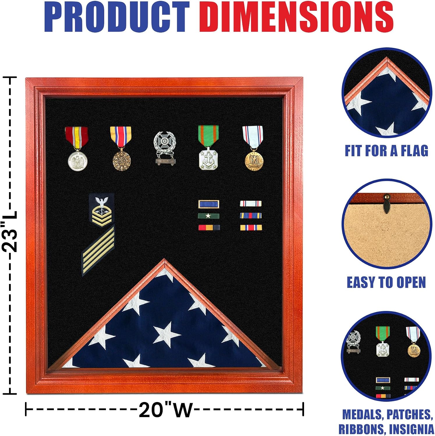 Super Tough Cherry Medal and Flag Display Case for American Veteran Burial | Holds 3ft x 5ft Flags | 20' W x 23' L | Display Box for Hanging Medals & Memorabilia to Show Honor