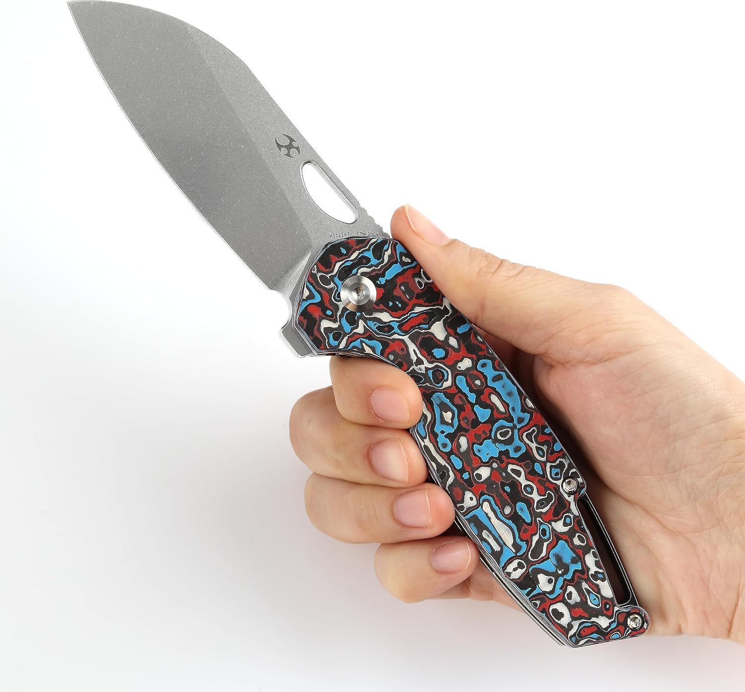 KANSEPT Model 6 Pocket Folding Knives EDC Camping Folding Knife 3.1'' Stonewashed CPM 20CV Material Pocket Folding Knife with Red Black &White Carbon Fiber Handle Everyday Carry K1022A7