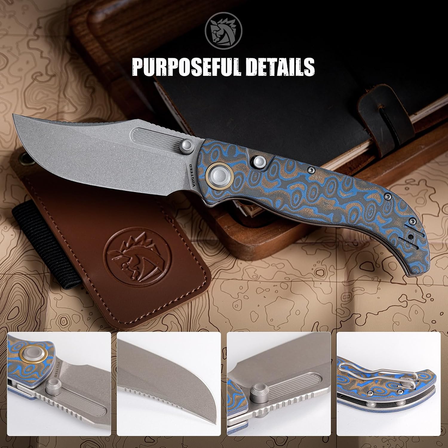 Vosteed Naga EDC Folding Pocket Knife - 3.47' S35VN Stonewash Blade, Clip Point - Top Liner Lock, Blue Ocean Micarta Handle - Camping, Hunting Knives - A3903