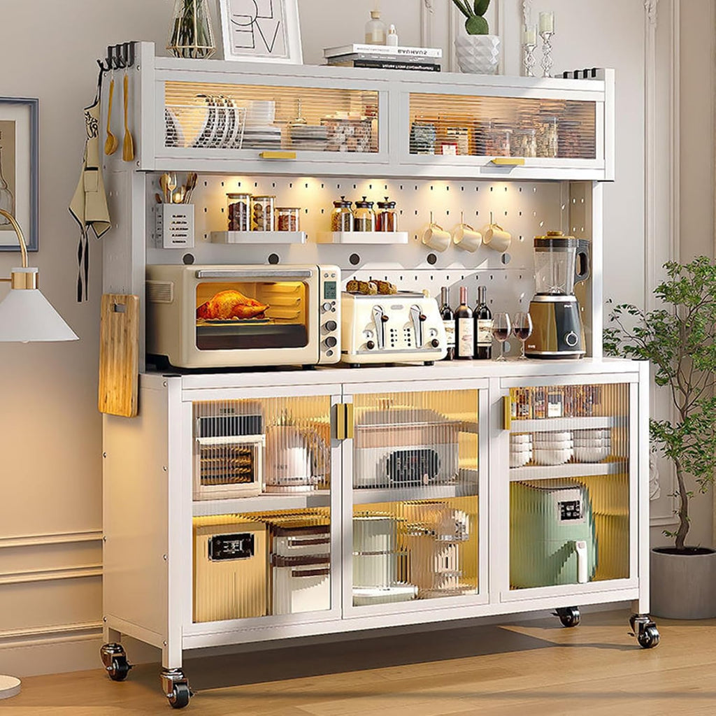 5-Tier Microwave Cart with Storage, Movable Standing Storage Cabinet Bakers Rack with Doors, DIY Backplane Creative Kitchen Storage Shelf for Spices Pots and Pans(L100cm(39.4in), White)