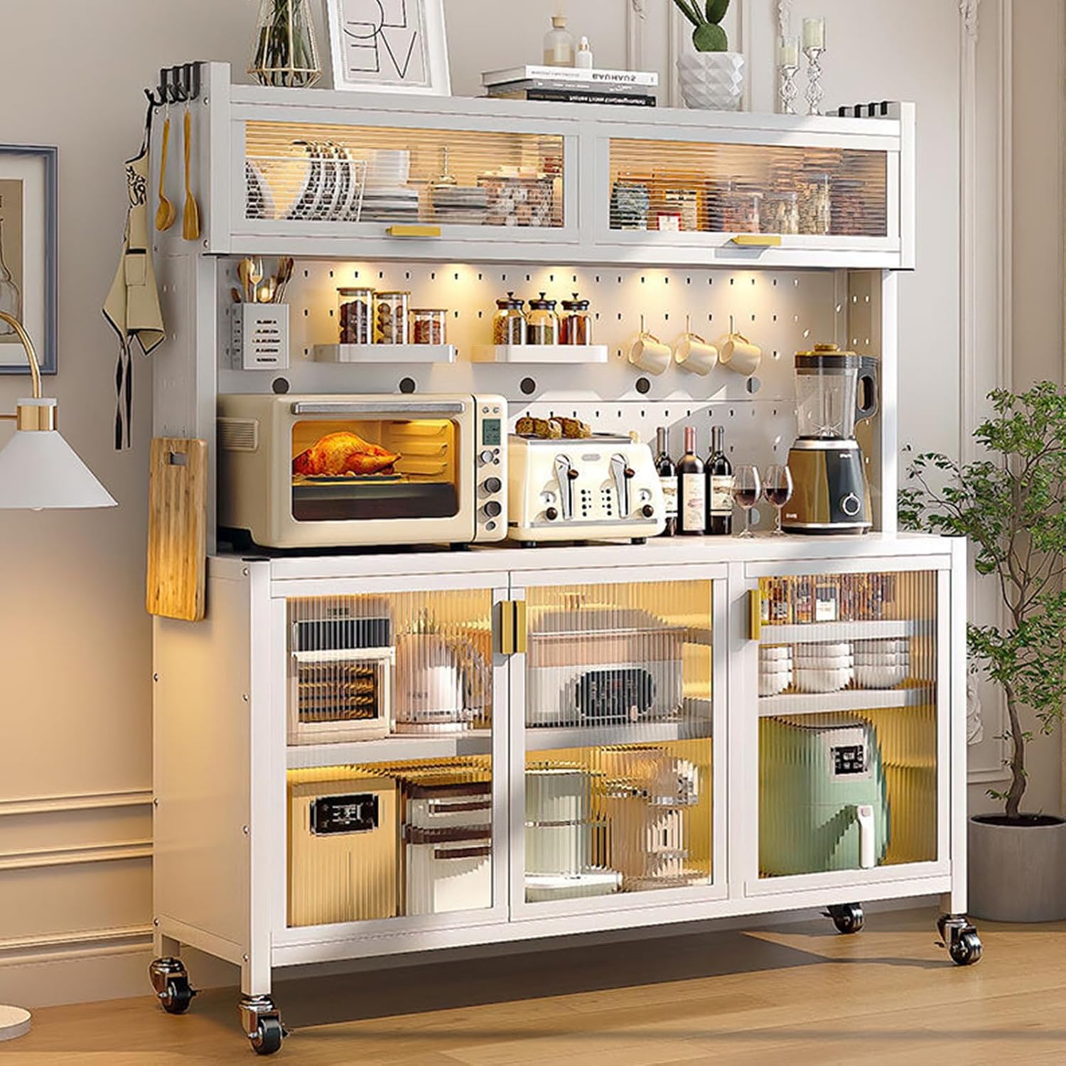 5-Tier Microwave Cart with Storage, Movable Standing Storage Cabinet Bakers Rack with Doors, DIY Backplane Creative Kitchen Storage Shelf for Spices Pots and Pans(L100cm(39.4in), White)