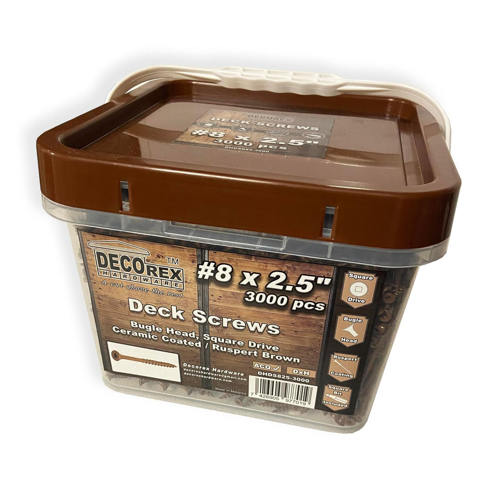 #8 x 2-1/2' Deck Screws, Square Drive Bugle Head, Brown Ceramic Ruspert Coated Exterior Wood Screws for Pressure Treated Lumber, Corrosion Resistant, 3000 Piece Contractor Box