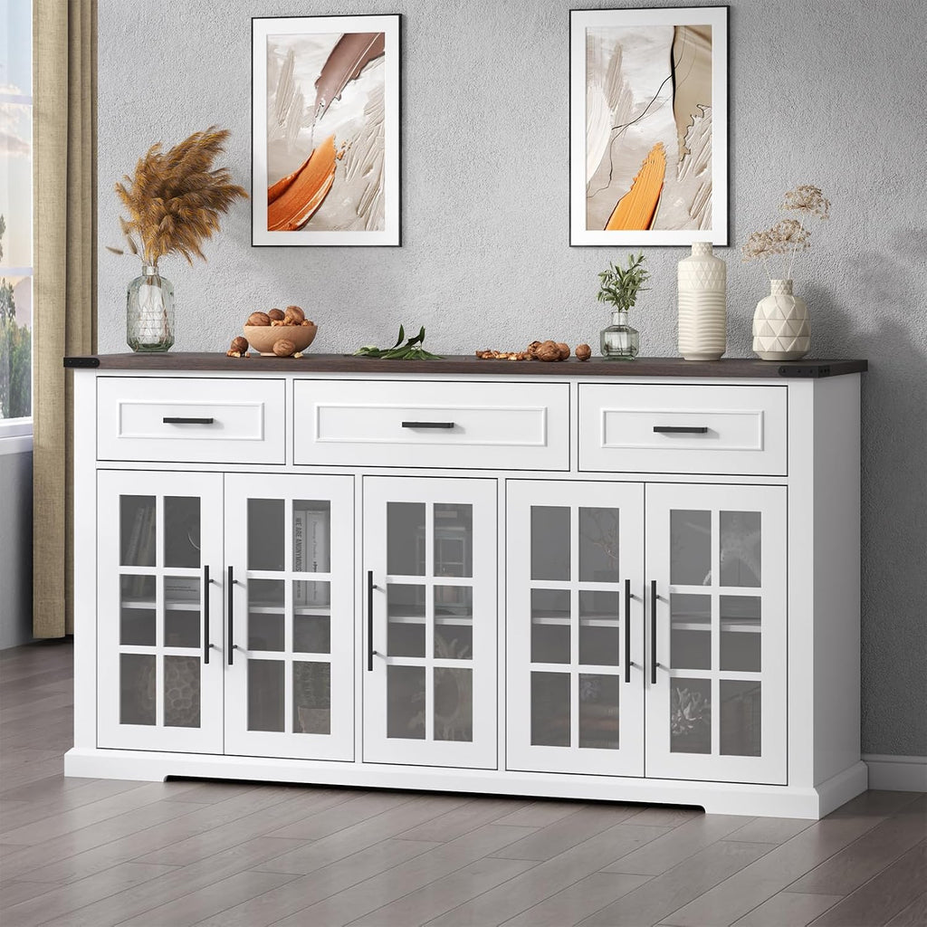 Gyfimoie 63' Sideboard Buffet Cabinet with Glass Doors, Farmhouse Large Buffet Table with 3 Storage Drawers, Modern Coffee Bar Wine Bar Cabinet with Adjustable Shelves for Kitchen, Dining Room, White