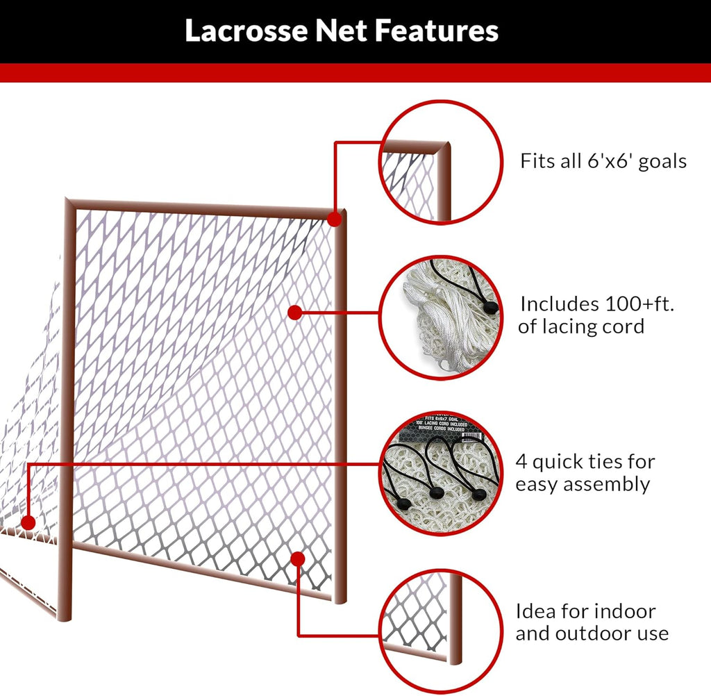 Velocity Heavy Duty Black & White Lacrosse Net - Fits 6'x6'x7' Goals - Weatherproof, UV Resistant 1000D High-Strength Polyester - Comes with 100+ Feet of Lacing Cord and 4 Quick Ties