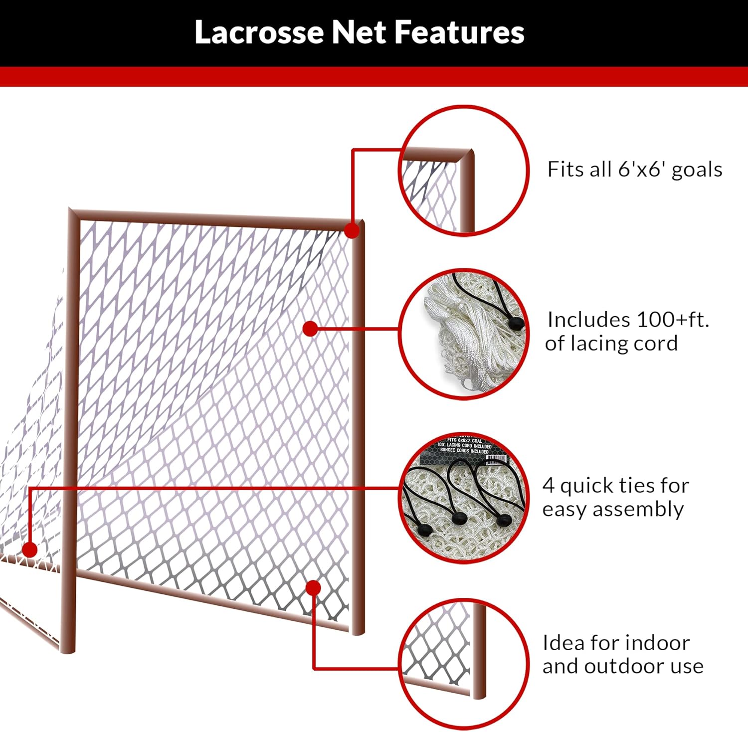 Velocity Heavy Duty Black & White Lacrosse Net - Fits 6'x6'x7' Goals - Weatherproof, UV Resistant 1000D High-Strength Polyester - Comes with 100+ Feet of Lacing Cord and 4 Quick Ties