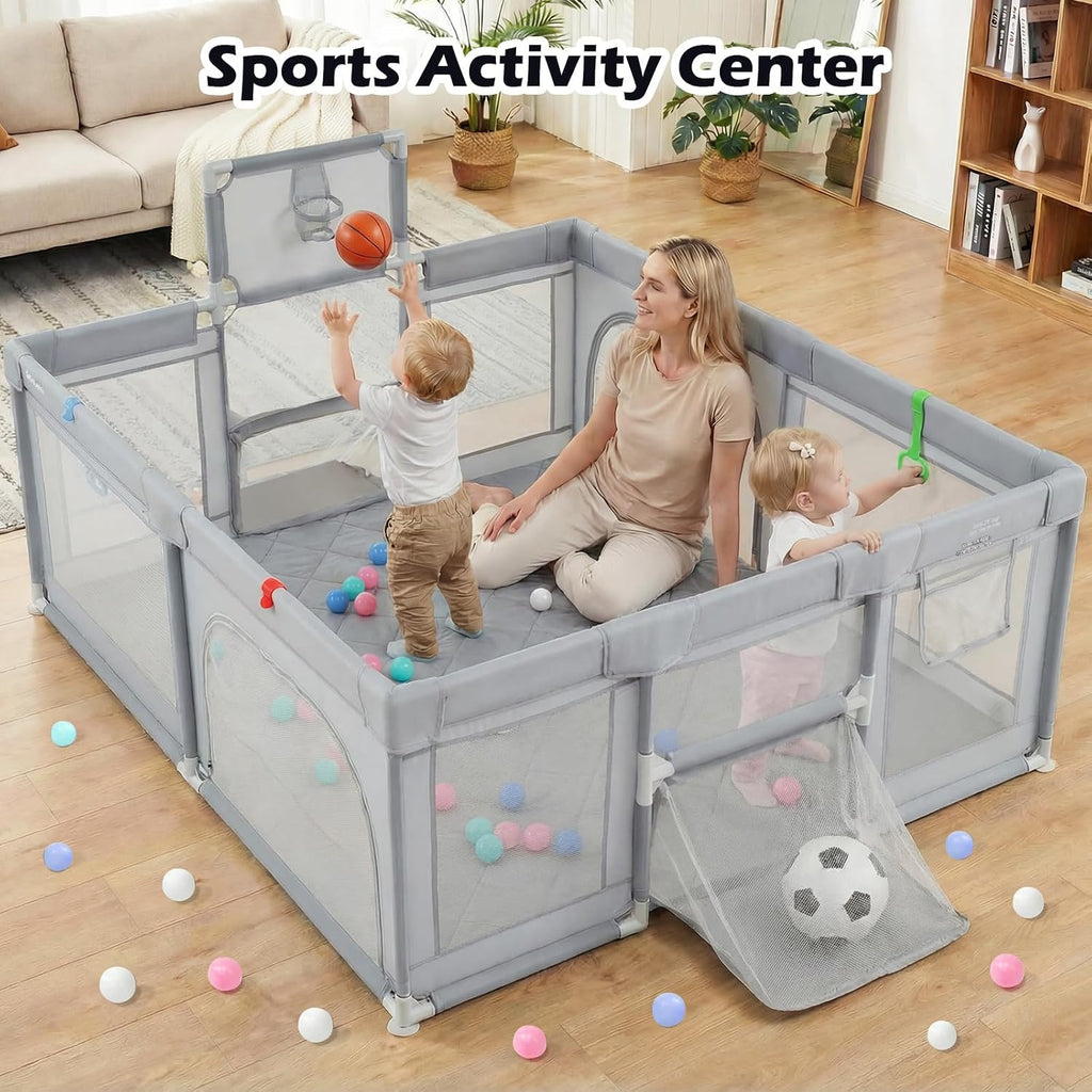 INFANS 74' x 62' Baby Playpen with Soft Mat, Basketball Hoop, 2 Soccer Goals, 4 Handles & 50 Ocean Balls, Breathable Mesh, Indoor & Outdoor Large Play Yard for Toddlers (Moon Light)