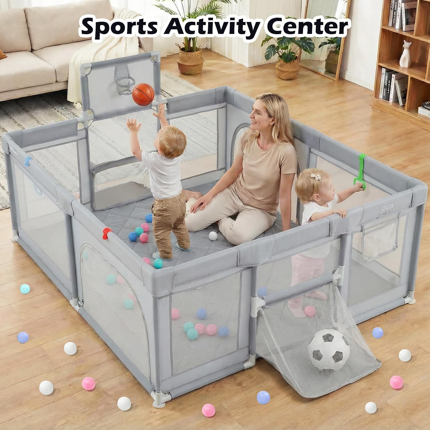 INFANS 74' x 62' Baby Playpen with Soft Mat, Basketball Hoop, 2 Soccer Goals, 4 Handles & 50 Ocean Balls, Breathable Mesh, Indoor & Outdoor Large Play Yard for Toddlers (Moon Light)