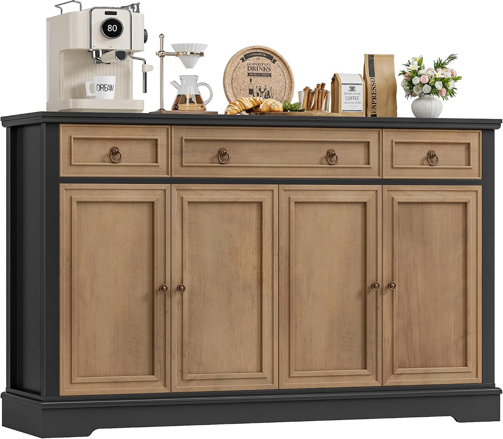 FINETONES Buffet Cabinet with Storage, 52.7' Large Sideboard Buffet Table, Kitchen Cabinet with 3 Drawers and 4 Doors, Wood Coffee Bar for Kitchen Dining Room, Black/Brown