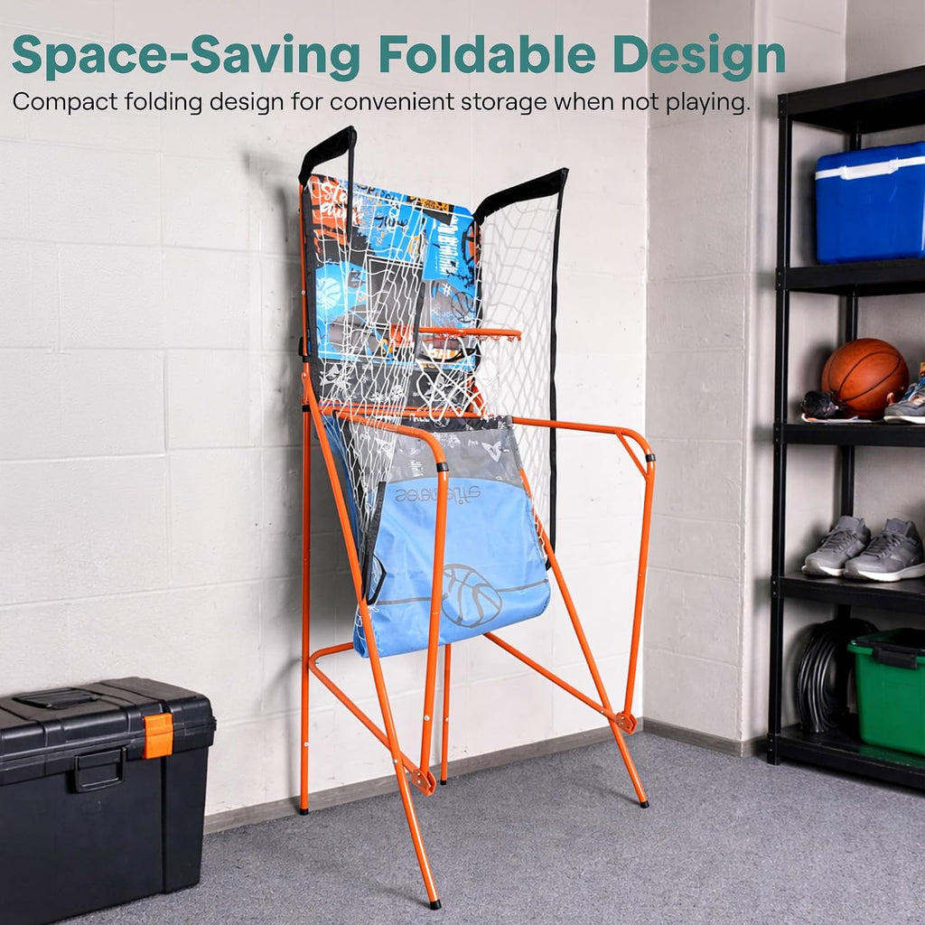 SereneLife Dual Shot Basketball Arcade Game with Electronic Scorer, 8 Game Modes, Indoor Outdoor 2 Player Basketball Shooting Game, Foldable Arcade Set with 5 Balls and Pump