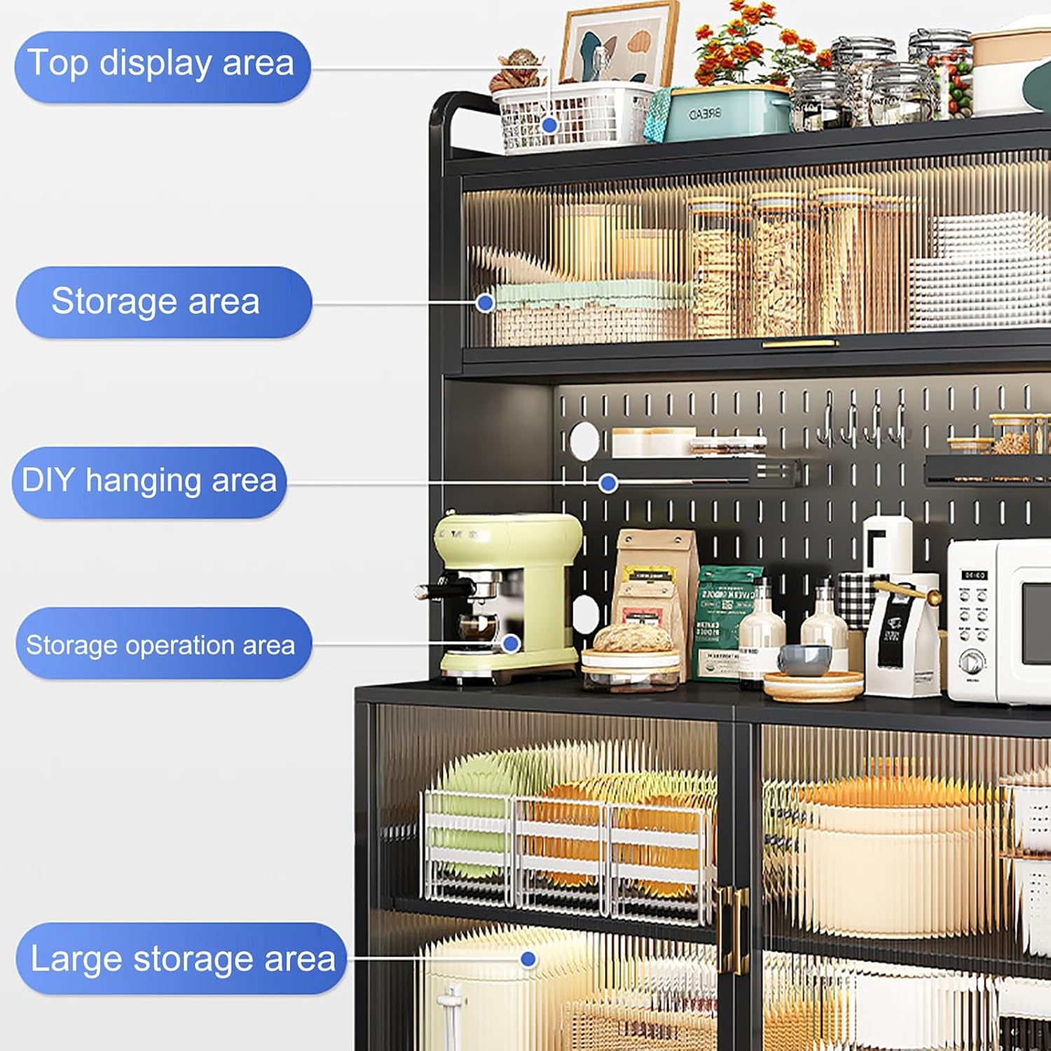 5-Tier Kitchen Baker's Rack with Flip Door Cabinet, DIY Backplane Creative, Open Operator Console, for Kitchen, Dining Room, Living Room (Color : White, Size : 60cm/