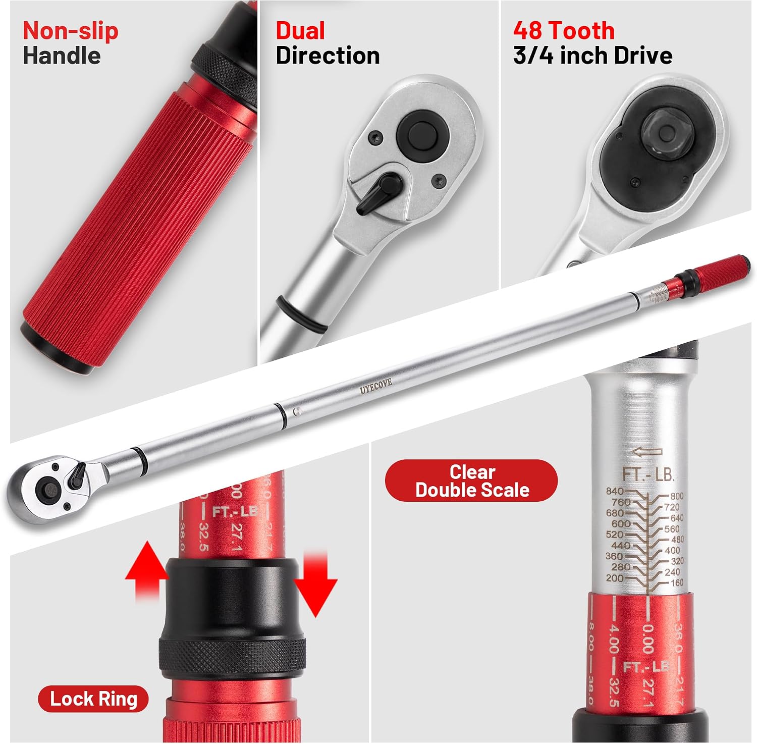 3/4 Inch Torque Wrench, 48 Tooth Torque Wrench 3/4 Drive 160-840FT.LB/217-1139N.M with a Solid Storage Case