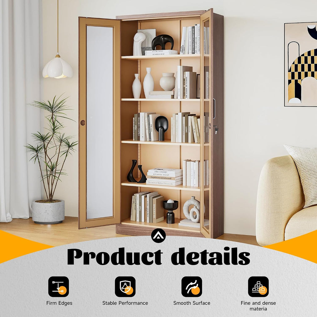 Metal Storage Cabinet with Lock and Glass Doors,Glass Display Cabinet,Tall Storage Cabinets,Locking Curio Cabinets with 5 Shelves for Collectibles,Home,Office,Living Room