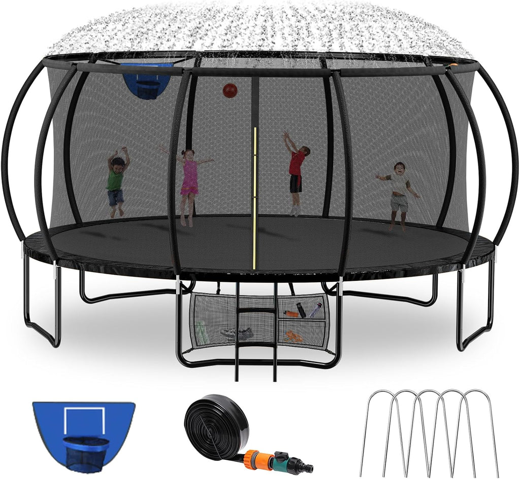 Kiivakii Trampoline 12 14 16FT, Outdoor Big Trampolines for Kids and Adults, Recreational Trampolines with Basketball Hoop and Stakes, Big Round Trampoline with Sprinkler for Backyard