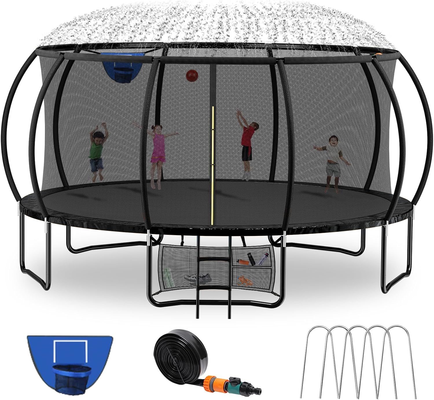 Kiivakii Trampoline 12 14 16FT, Outdoor Big Trampolines for Kids and Adults, Recreational Trampolines with Basketball Hoop and Stakes, Big Round Trampoline with Sprinkler for Backyard