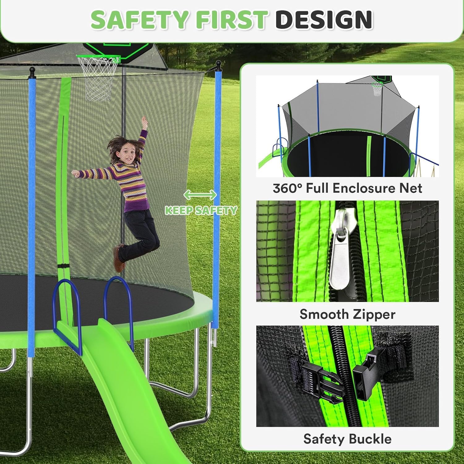 Skepphlay 16ft 14ft 12ft Trampoline Outdoor for Kids and Adults, ASTM Approved Recreational Trampoline, Round Trampoline with Basketball Hoop & Enclosure Net for Backyard