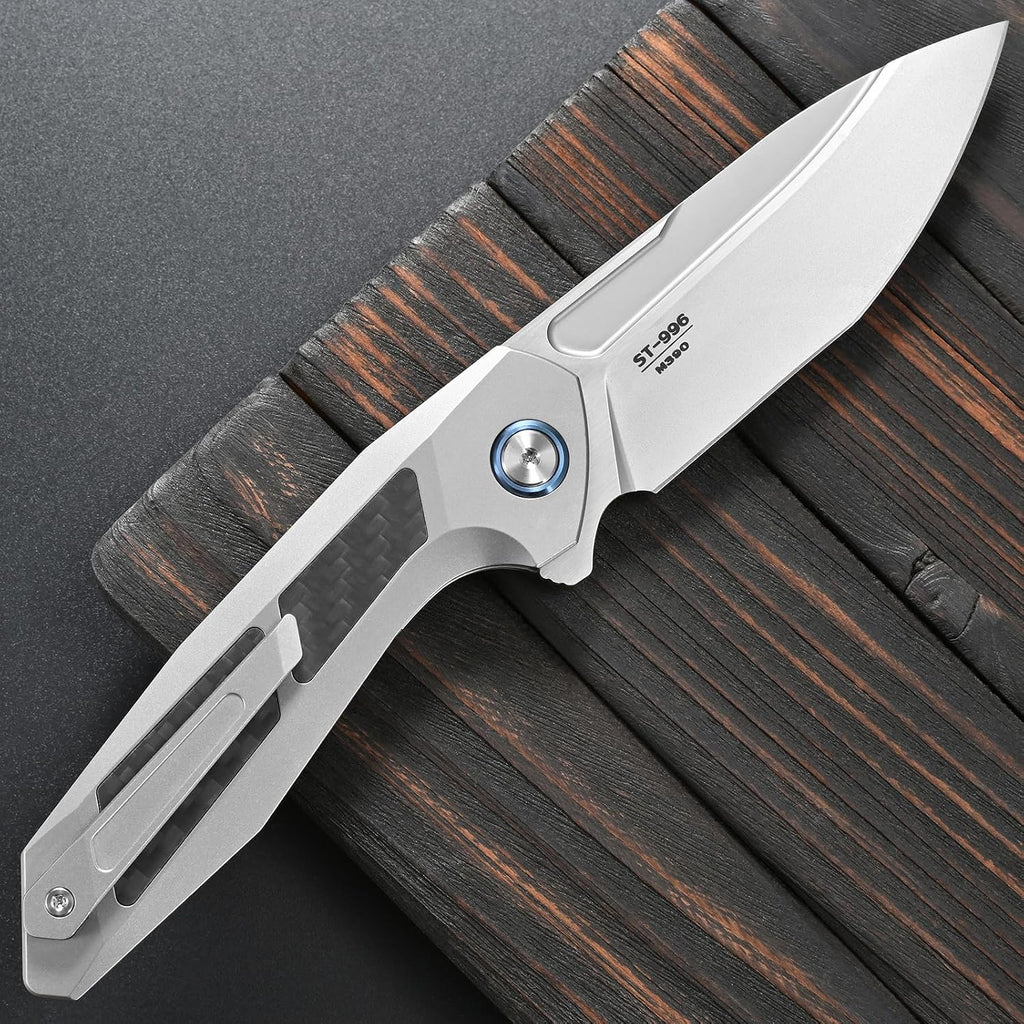 Sitivien ST996 Folding Knife,Handmade M390 Pearlescent Polishing Blade,Titanium & Carbon Fiber Handle Pocket Knife for Outdoor Camping,Hiking,Hunting(Gray)