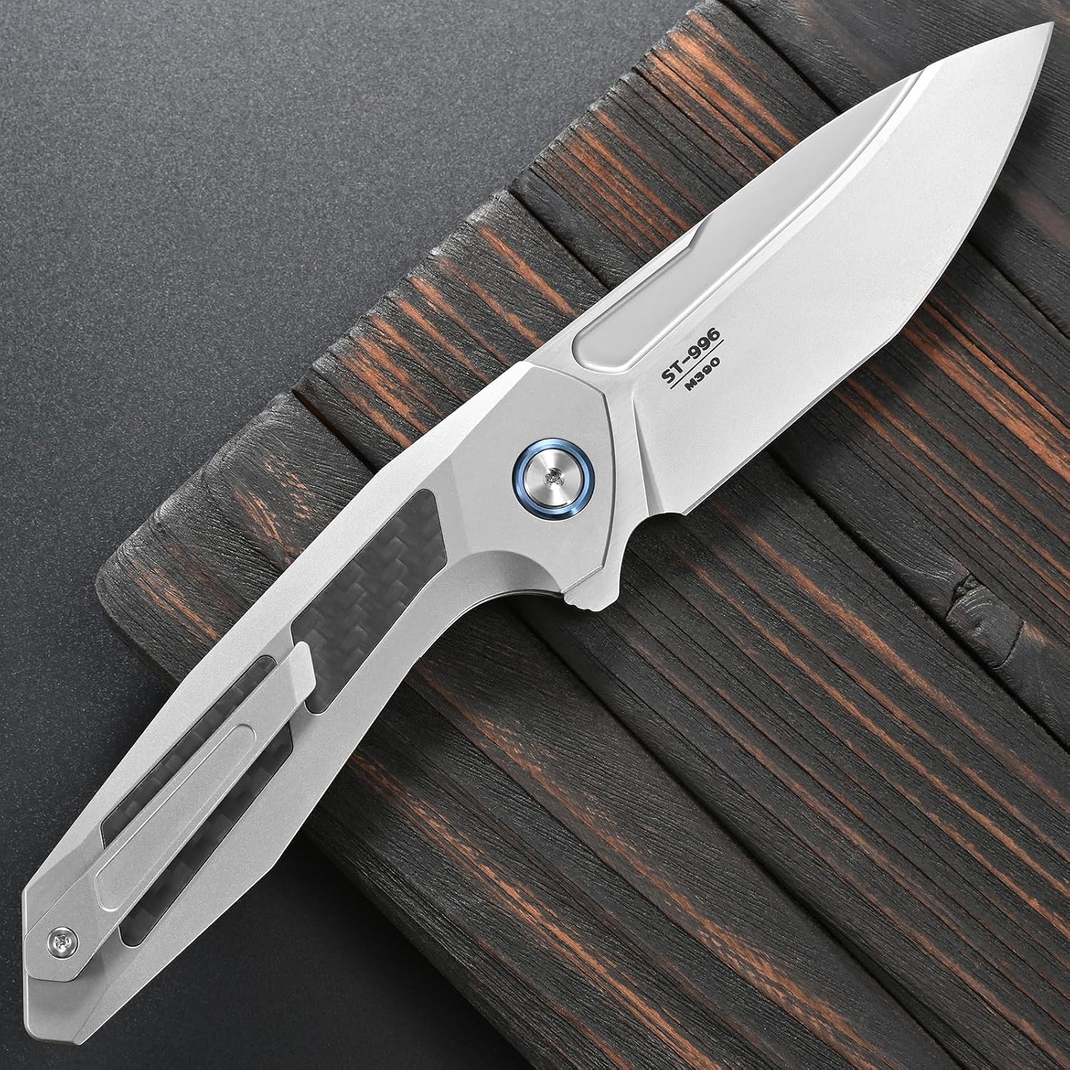 Sitivien ST996 Folding Knife,Handmade M390 Pearlescent Polishing Blade,Titanium & Carbon Fiber Handle Pocket Knife for Outdoor Camping,Hiking,Hunting(Gray)
