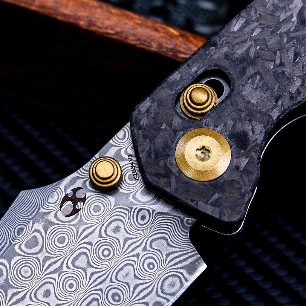 KANSEPT Fenrir Pocket Knife, 3.48'' Damascus Harpoon Sharp Blade, Shred Carbon Fiber Handle with Crossbar Lock, Bronze Thumb Stud Pocket Clip for Edc, Camping Survival Hiking Folding Knives K1034V1