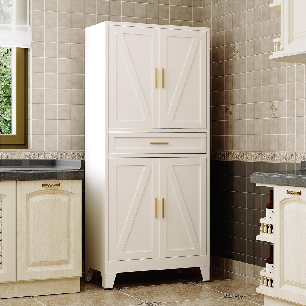 QINPTWUT 71' Farmhouse Pantry Cabinet in White, with 4 Doors & Center Drawer, Tall Food Cabinet with Adjustable Shelves, Freestanding Steel Cupboard for Kitchen, Dining Room, Pantry, Garage