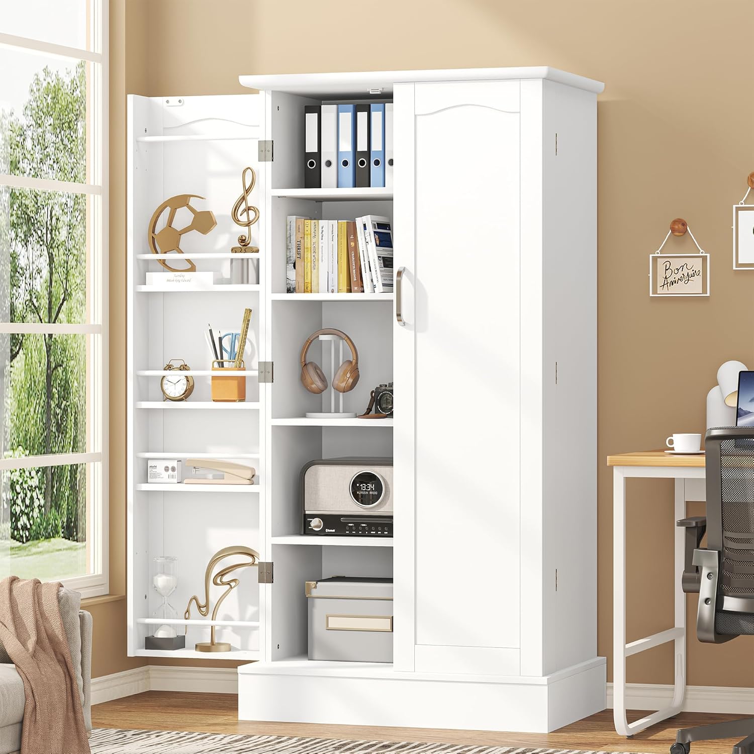 kepptory 47' Pantry Cabinet, Kitchen Pantry Storage Cabinet with Doors and Adjustable Shelves,Freestanding Buffet Cupboards Sideboard for Living Room and Dinning Room (White)