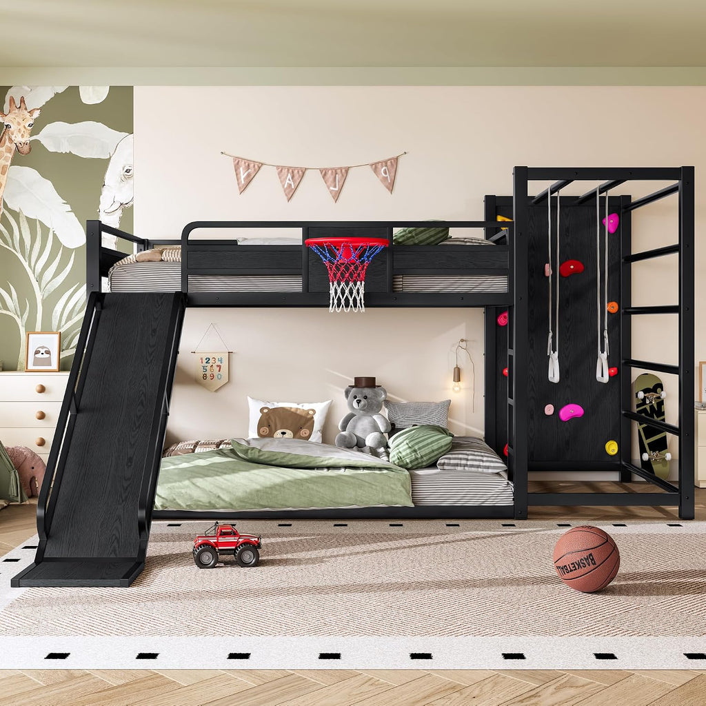 Metal Full Over Full Bunk Bed with Slide and Bookshelf, Modern Heavy Duty Bunk Bed with Basketball Hoop, Pull-Up Rings and Climbing Wall, Low Playhouse Loft Bed for Kids, Black