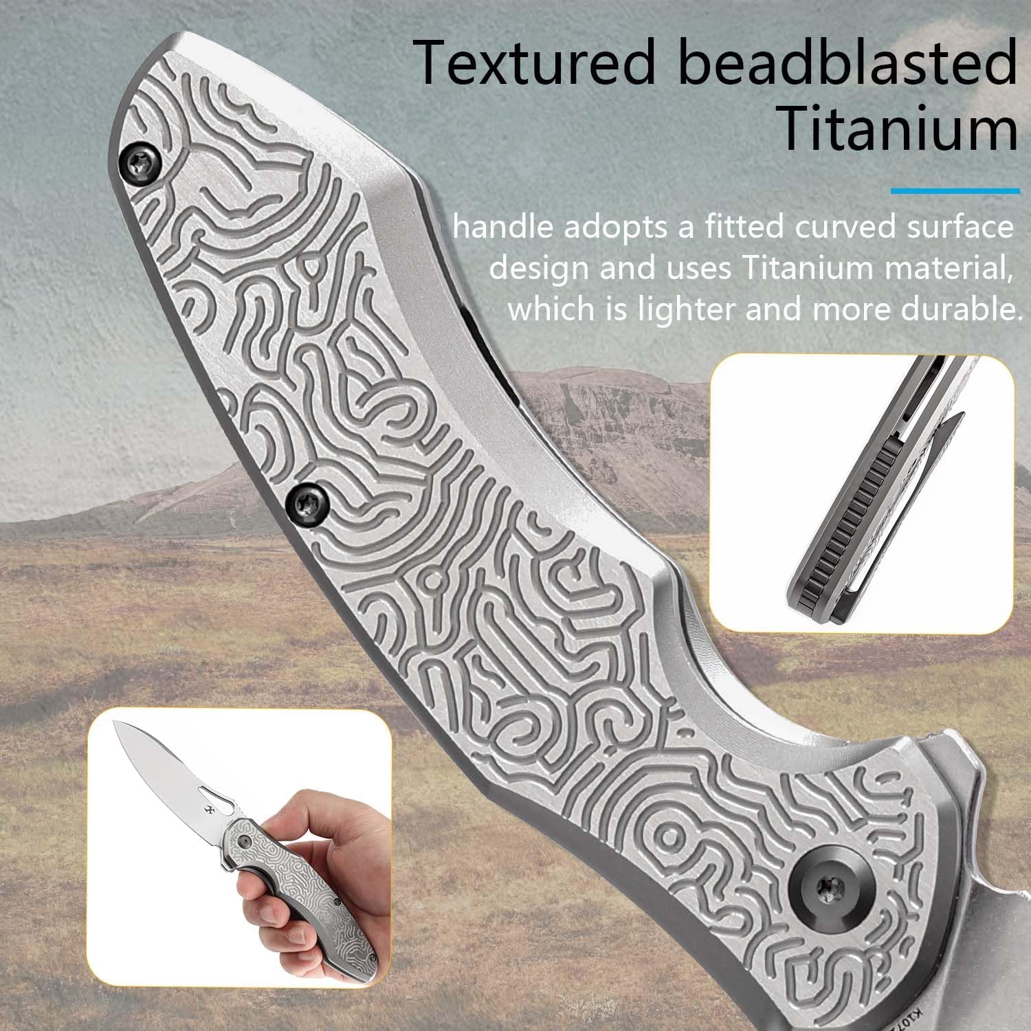 KANSEPT Echis Pocket Folding Knives for Men Women Camping Hiking Folding Knife 3.45'' Stonewashed CPM S35VN Blade Pocket Knife with Textured beadblasted Titanium Handle Everyday Carry K1071A3