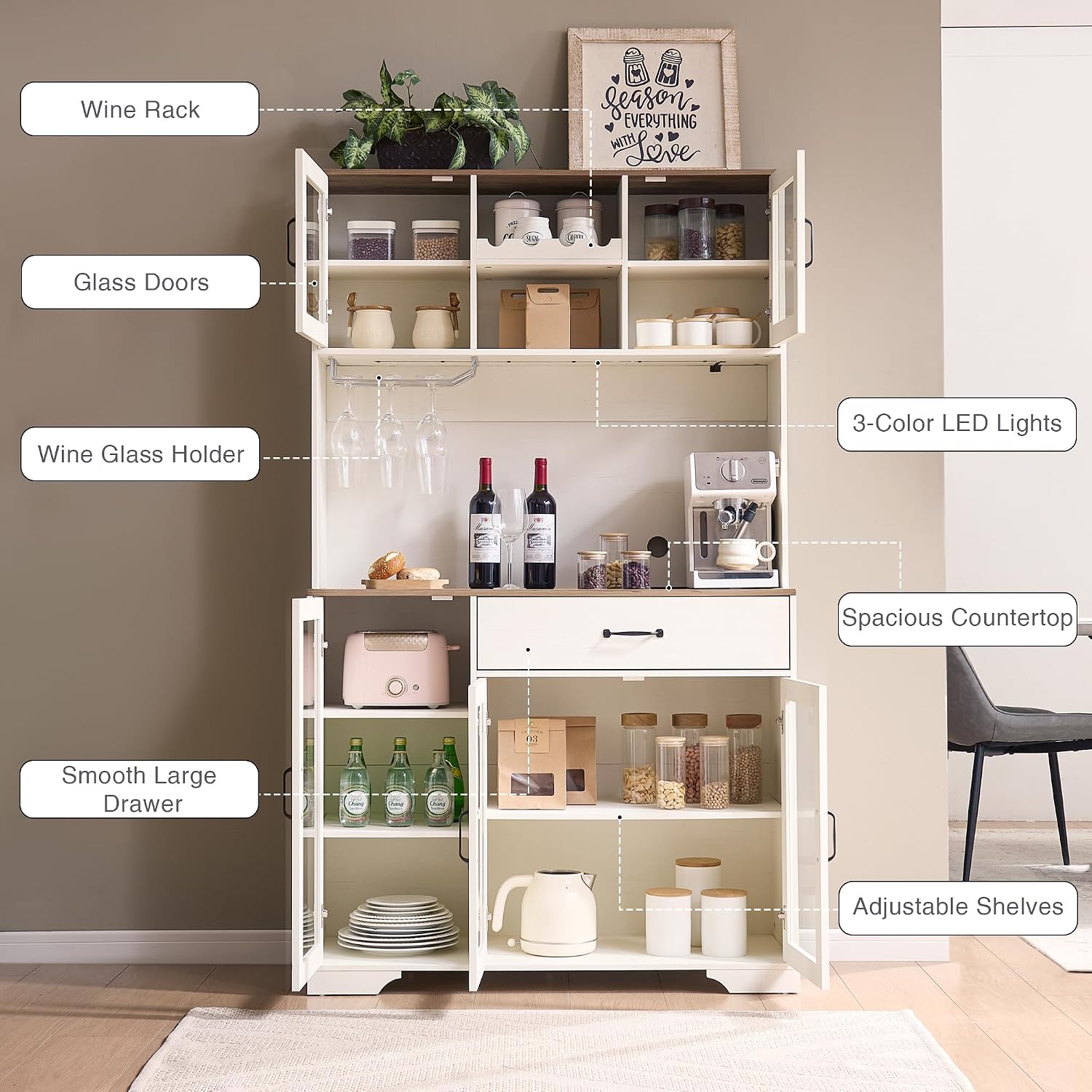 Fatmok 71' Tall Pantry Cabinet with Glass Doors, Kitchen Hutch Storage Cabinet, Coffee Bar & Liquor Cabinet with Charging Station & LED Lights, Wine Rack, Adjustable Shelves & Large Drawer, White