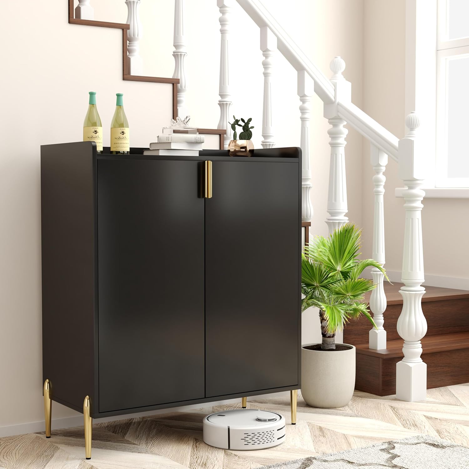 39' Moisture-Resistant Freestanding Storage Cabinet, Kitchen Storage Bakers Rack with Soft-Closing Hinge, Utility Food Cupboard with Wine Bottle Holder for Kitchen Dining Living Room, Black