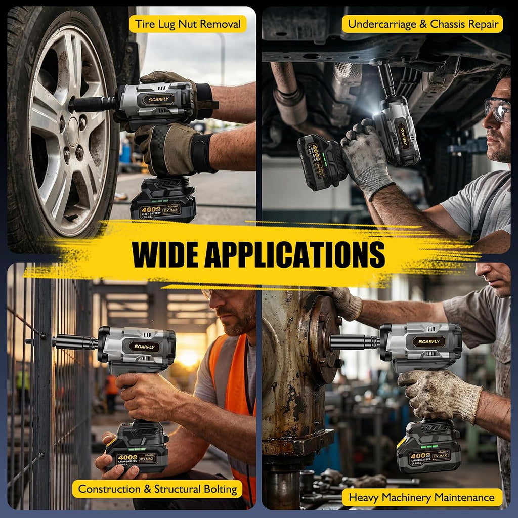 SOARFLY 1/2' Cordless Impact Wrench, 1500N.m (1106 Ft-Lbs) High Torque, 21V Brushless Impact Gun with 2x 4.0Ah Batteries, Variable Speed, LED Light, 5 Sockets for Truck RV Car Heavy Construction
