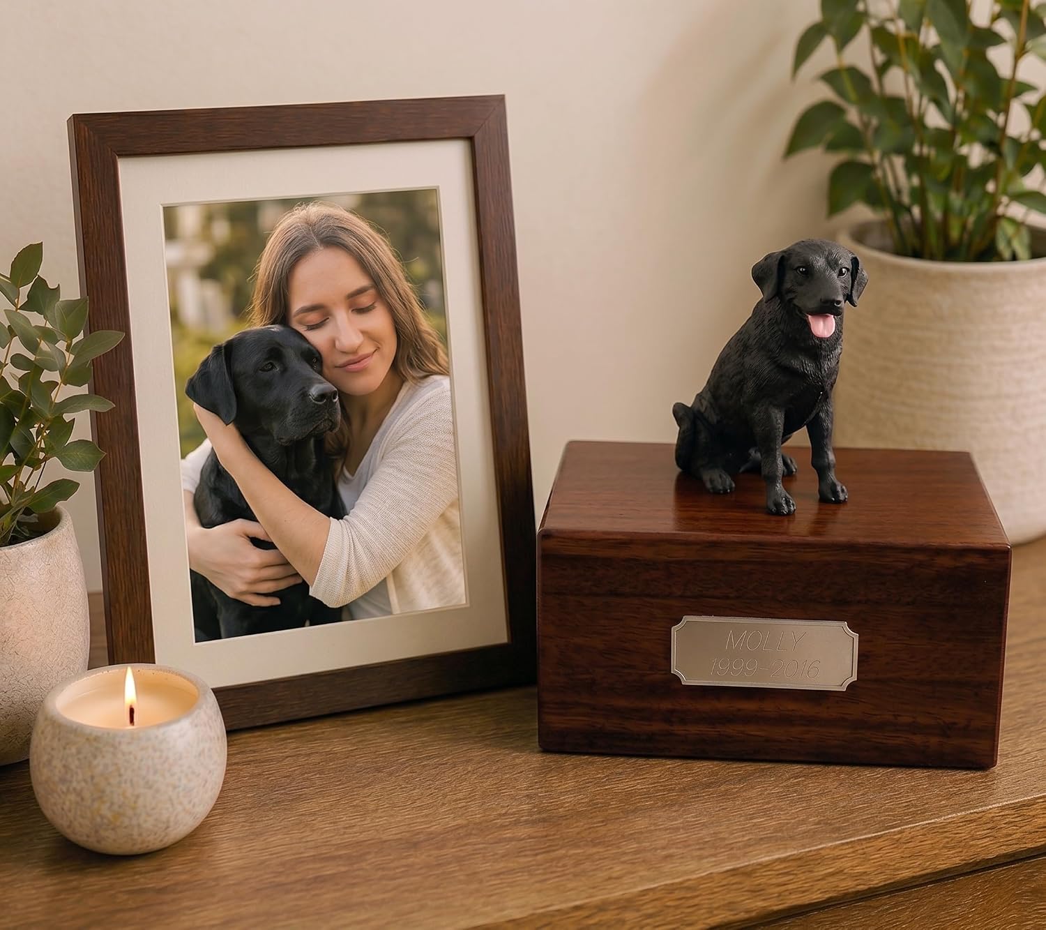Wooden Dog Urn for Ashes with Black Labrador Retriever Figurine | Personalized Pet Memorial Urn with Pewter Engraving | Lab Dog Memorial Gift for Loss of Pet by Conversation Concepts