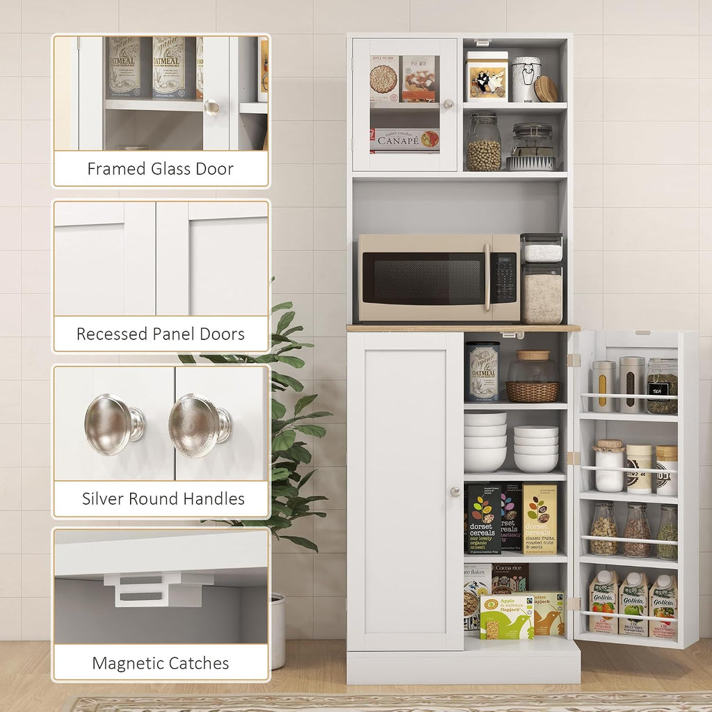 66' 8-Door & 5-Adjustable Freestanding Storage Cabinet, Kitchen Storage Bakers Rack with Microwave Stand, Utility Food Cupboard with Anti-tip Design for Kitchen Dining Areas, White