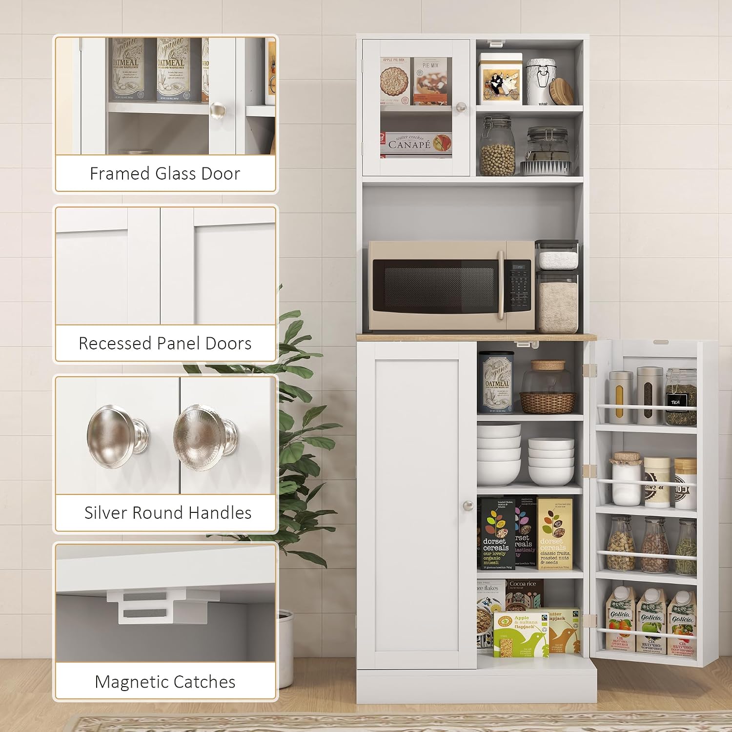 66' 8-Door & 5-Adjustable Freestanding Storage Cabinet, Kitchen Storage Bakers Rack with Microwave Stand, Utility Food Cupboard with Anti-tip Design for Kitchen Dining Areas, White