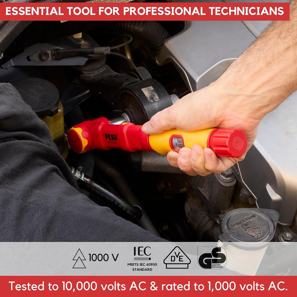 FESA Electrician Insulated Torque Wrench - 1000V Electrician Torque Wrench w/Easy Torque Adjustment & Scale Display - Each Insulated Wrench Has ID for Traceability (1/2' Drive, 10-50 Nm Range)