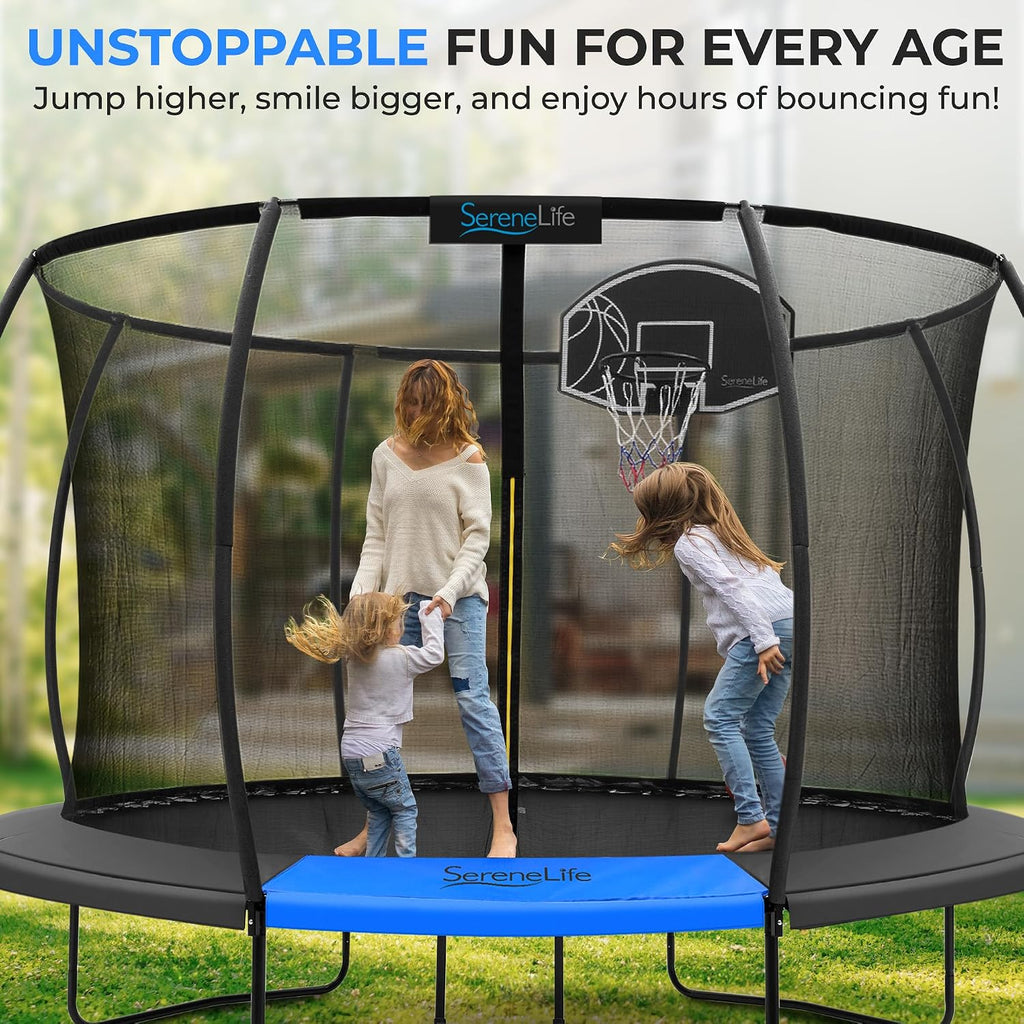 SereneLife Trampoline Outdoor 8FT 10FT 12FT 14FT with Enclosure Net, Ladder and Anti-Rust Coating - ASTM Approved Recreational Trampolines - Heavy Duty Yard Trampolines for Kids and Adults