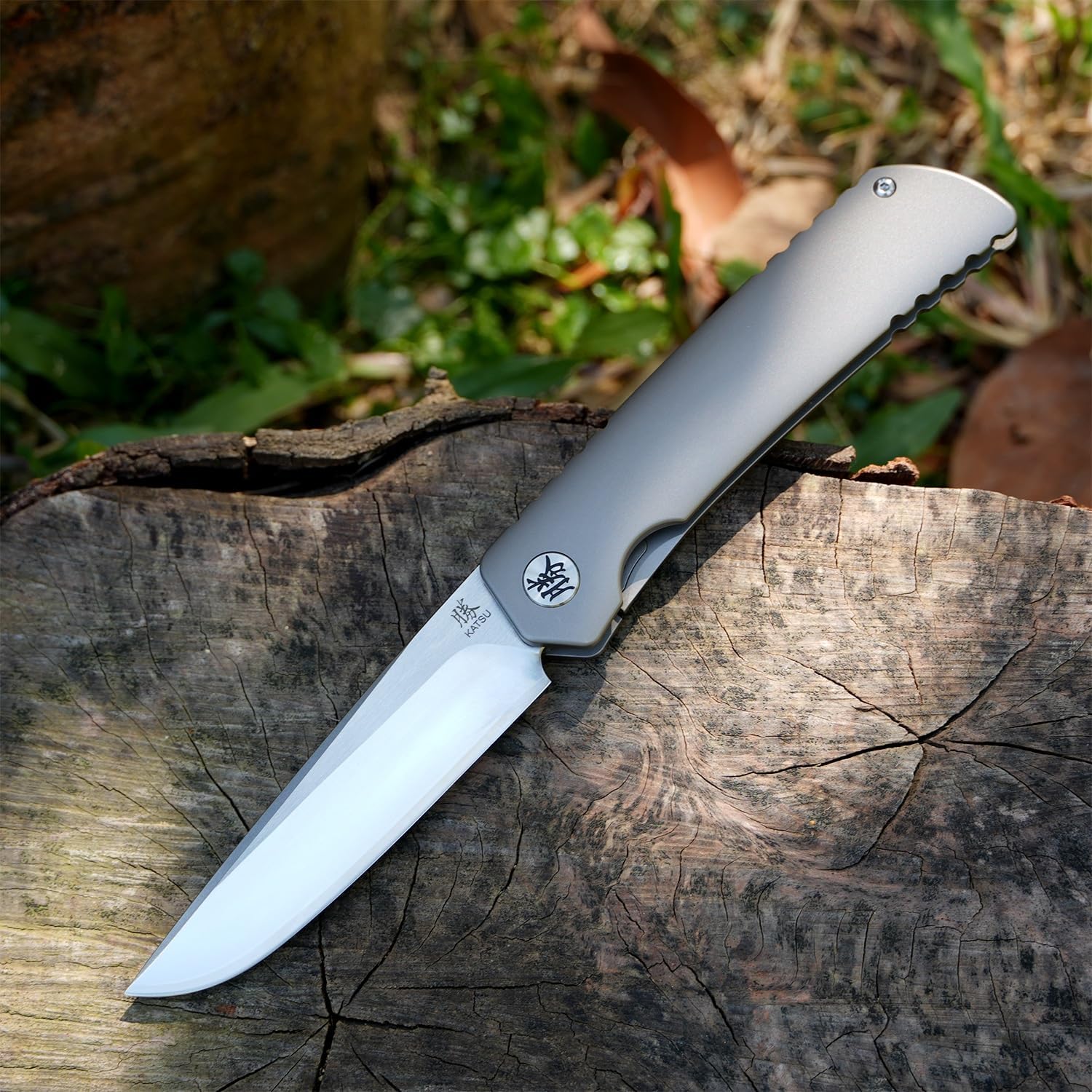 KATSU Folding Knife ZDP-189 Steel 3.5' Blade,Japanese Sandblasted Titanium Handle Pocket Knife with Clip Convex Grind Frame lock, Quick Open EDC Flip Knives for Men Leather Sheath Hiking Camping