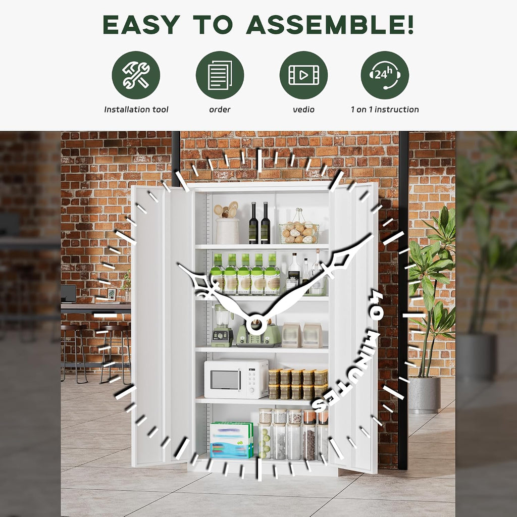 Greenvelly Metal Garage Storage Cabinet with 2 Doors & Adjustable Shelves, 72' Lockable Steel Tool Cabinet - White - (36' W x 18' D)
