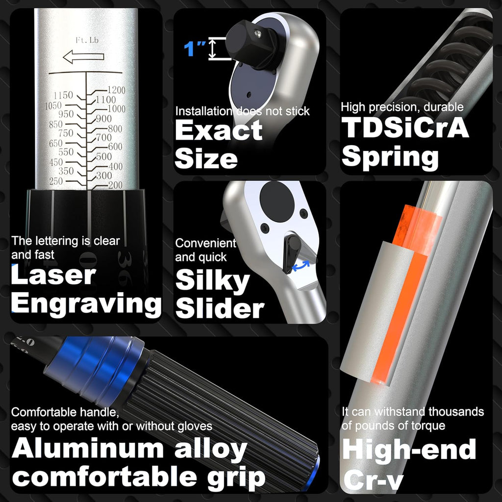 1'' 200-1200 Ft Lb Torque Wrench Heavy Duty, Dual Direction, High hardness, Long lifetime, Stored In a Solid Case