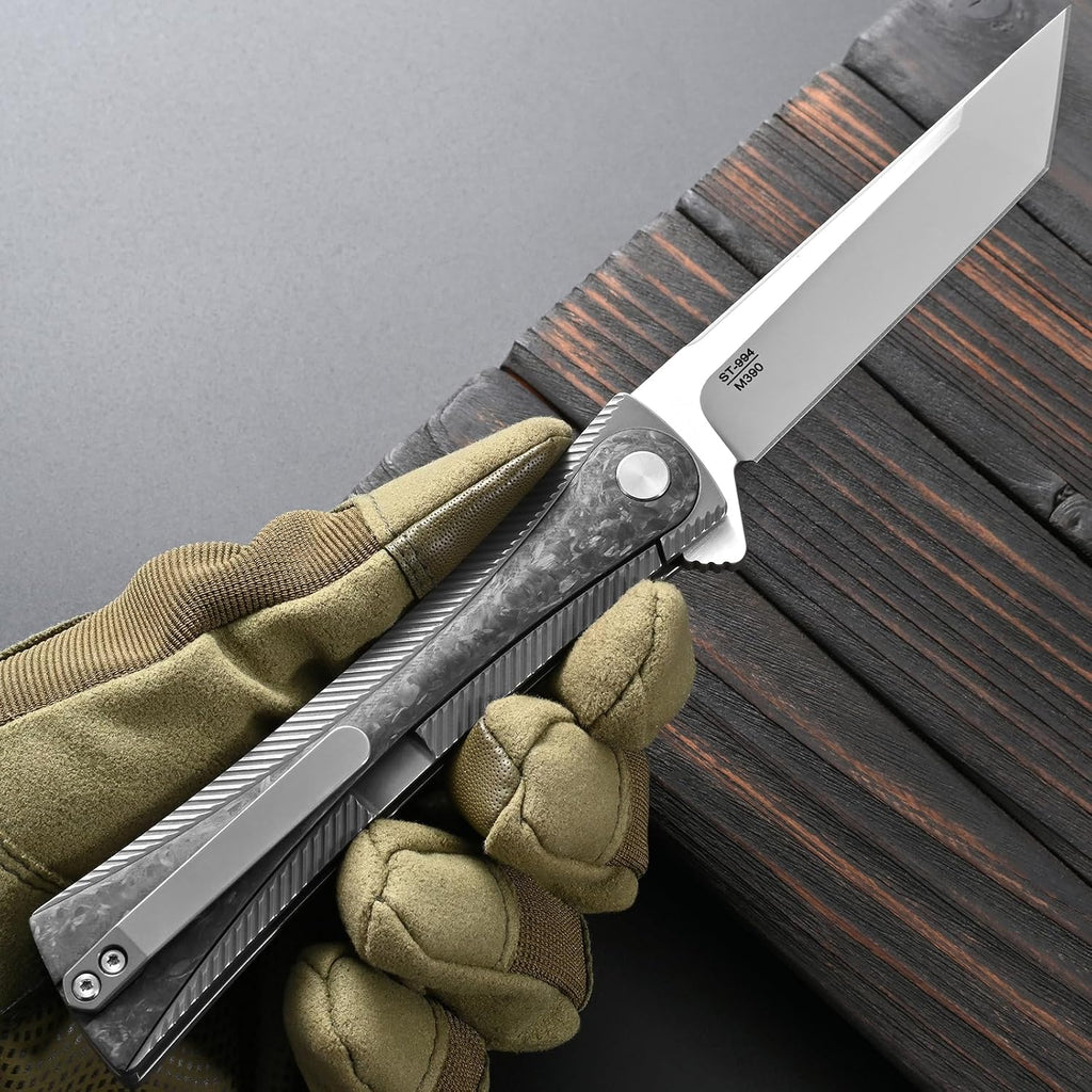 Sitivien ST994 Folding Knife,Handmade M390 Brushed Steel Blade Titanium Carbon Fiber Handle EDC Tool Knife for Outdoor Camping Hiking Survival Working(Gray)