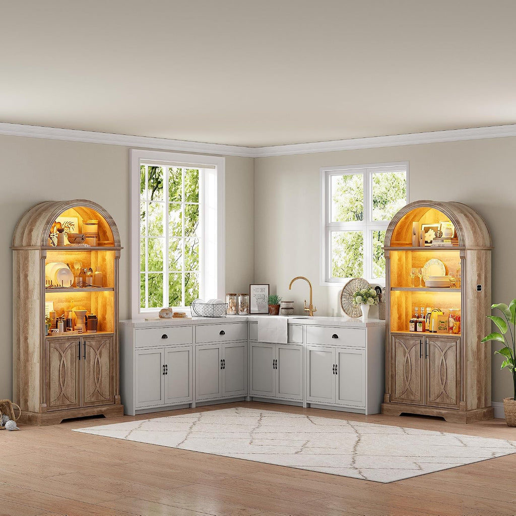 Vlsrka Arched Cabinet, Kitchen Pantry Cabinets with Open & Adjustable Shelves, Induction 3 Color Lights (Brown)